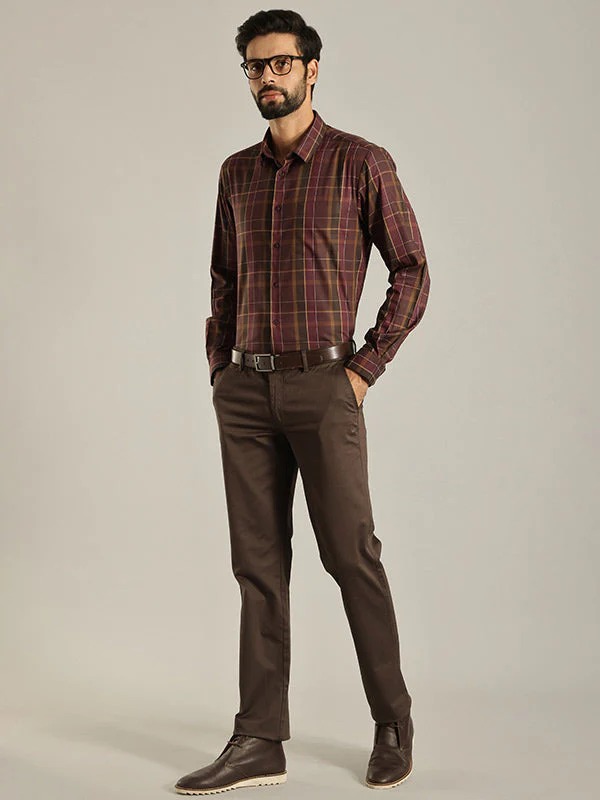 Indian Terrain Men's Slim Fit Full Sleeve Checkered Wine Shirt